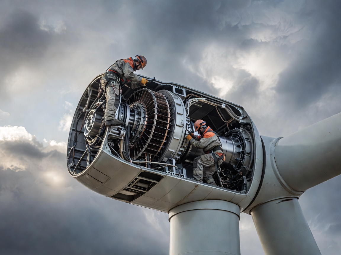Engineers servicing a direct-drive nacelle structure against atmospheric sky