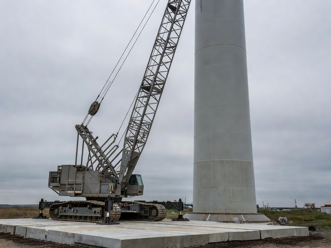 Heavy crawler crane positioned on a reinforced hardstand beside a wind turbine tower base