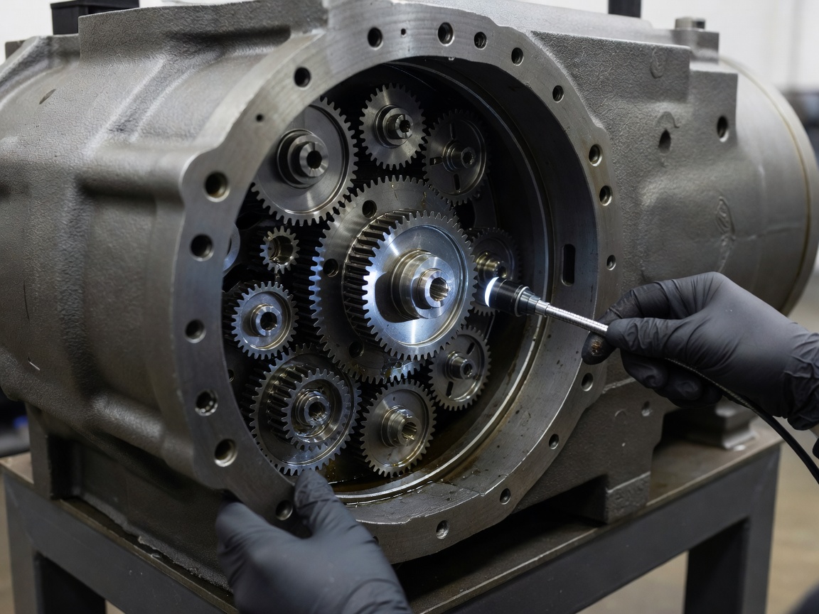 Heavy planetary gear stage housing being inspected with an optical borescope