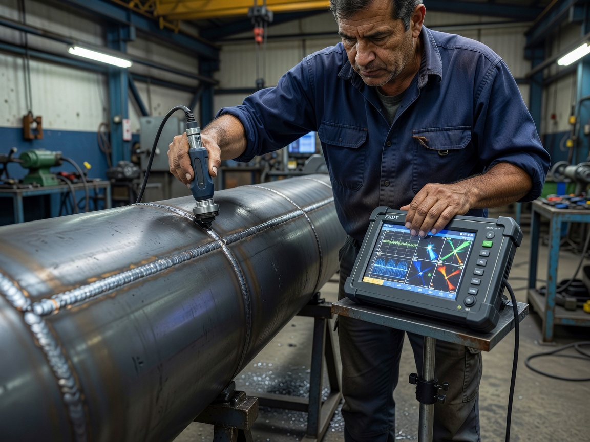 Inspection technician using phased array ultrasonic testing equipment on a steel weld seam