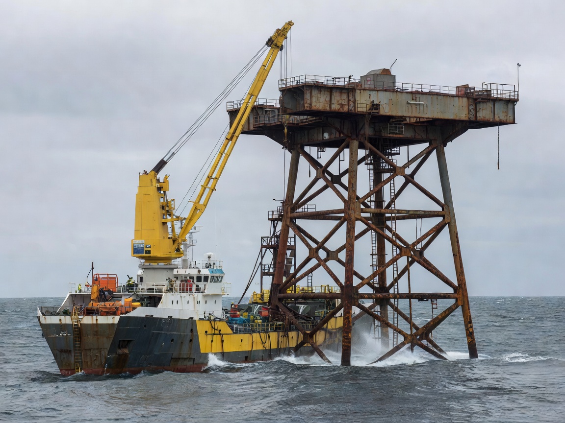 Offshore service operation vessel positioned alongside jacket foundation