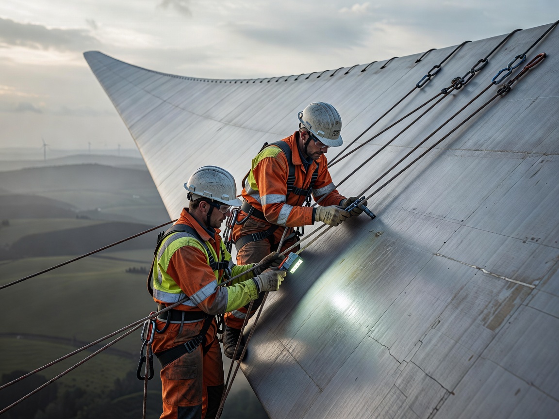 Rope access inspection team evaluating blade shell laminate