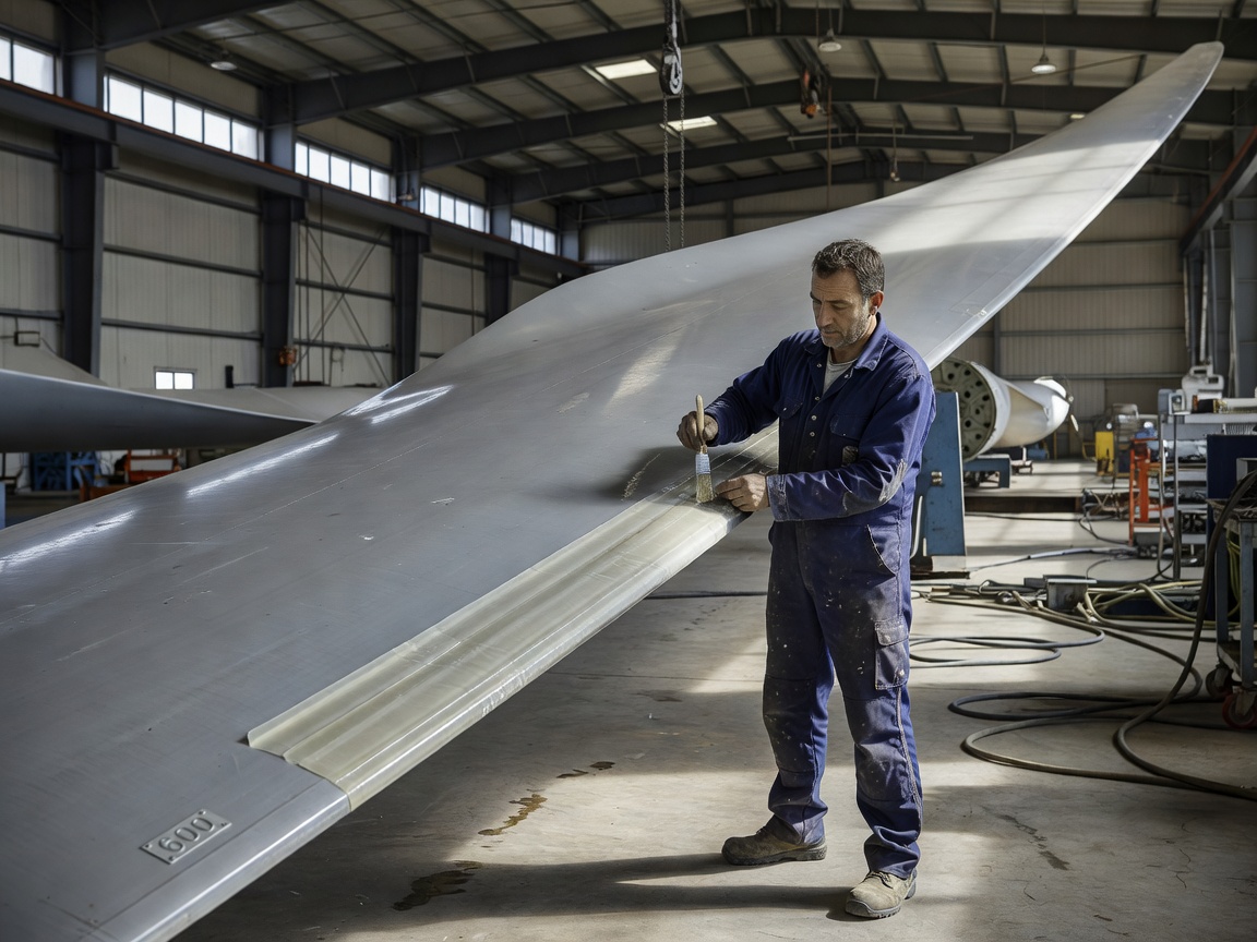 Technician applying polyurethane erosion shield to turbine leading edge