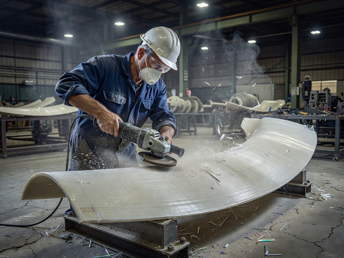 Technician grinding down glass-reinforced epoxy composite on a turbine blade shell